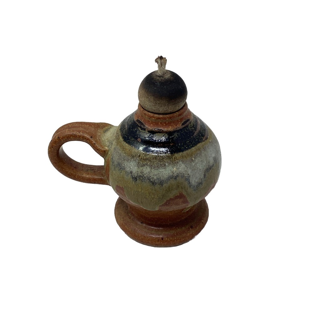 Oil Lamp Art Pottery Studio Small Hand Thrown and Painted Signed by The Artist
